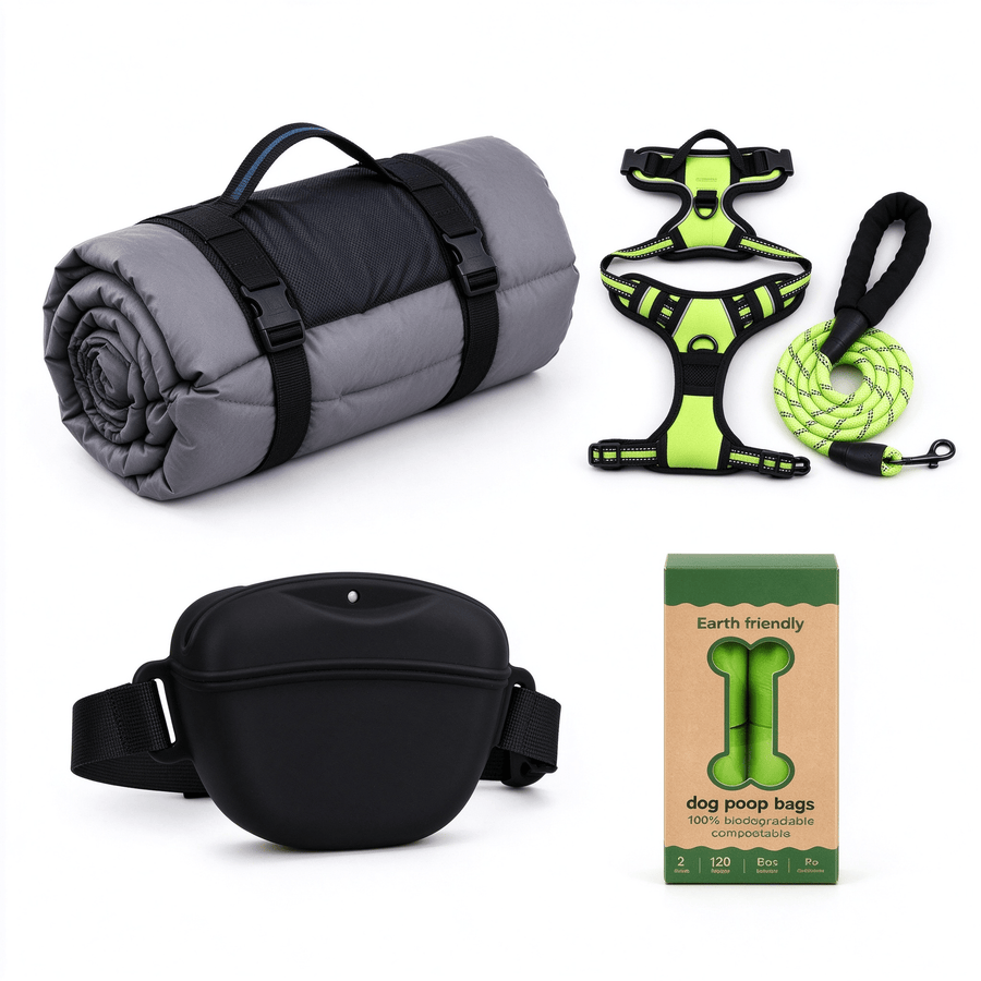 Pet Camping Bundle: Foldable Sleeping Mat, Reflective Harness, Travel Bowl & Poop Bags