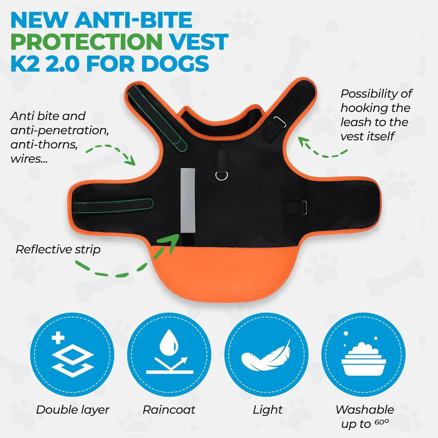 Anti-Bite Dog Protection Vest, K2 2.0 Dog Armor Vest with Leash Ring and Reflective Strip, Breathable Double-Layer Rainproof Vest for Walking and Hiking
