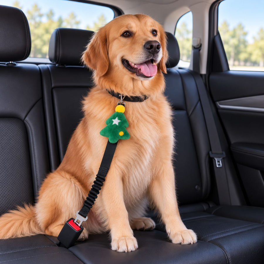 Christmas Dog Car Seat Belt with Bell Charm, Elastic Buffer for Cars SUVs