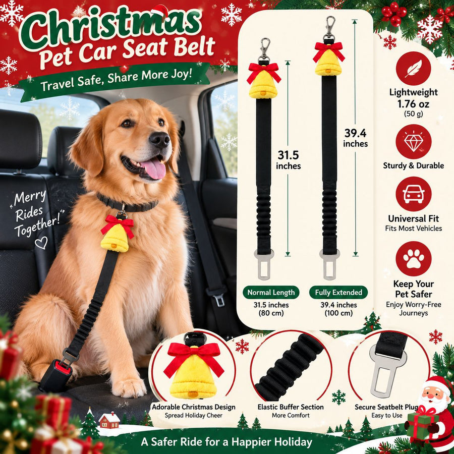 Christmas Dog Car Seat Belt with Bell Charm, Elastic Buffer for Cars SUVs