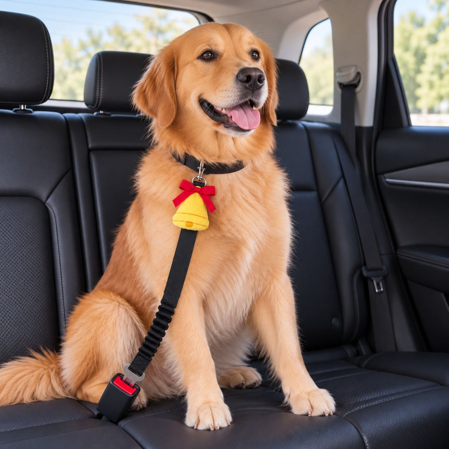 Christmas Dog Car Seat Belt with Bell Charm, Elastic Buffer for Cars SUVs