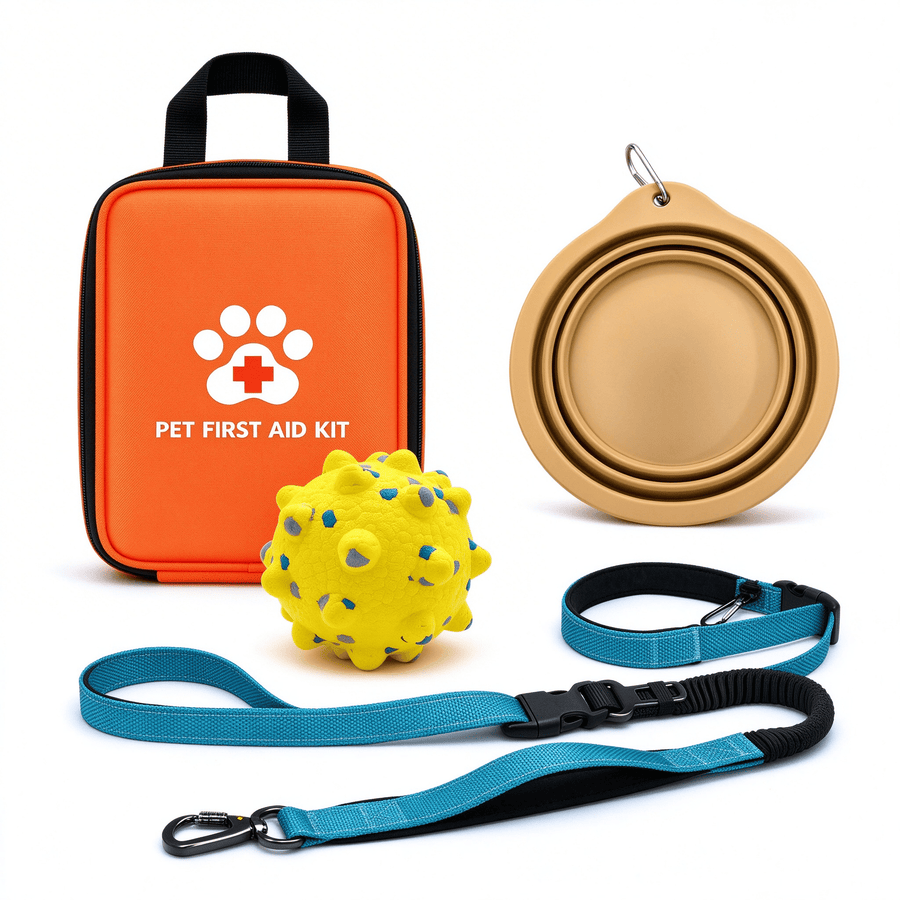 Dog Outdoor Travel Bundle, 6-in-1 Leash + 22-Piece First Aid Kit, Travel Bowl & E-TPU Teething Ball
