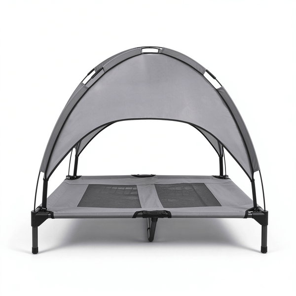 Elevated Dog Bed with Canopy, Outdoor Raised Dog Cot with Sun Shade and Breathable Mesh, Portable Cooling Metal Pet Bed