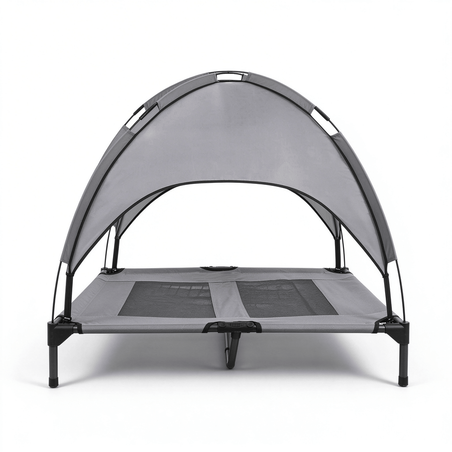 Elevated Dog Bed with Canopy, Outdoor Raised Dog Cot with Sun Shade and Breathable Mesh, Portable Cooling Metal Pet Bed