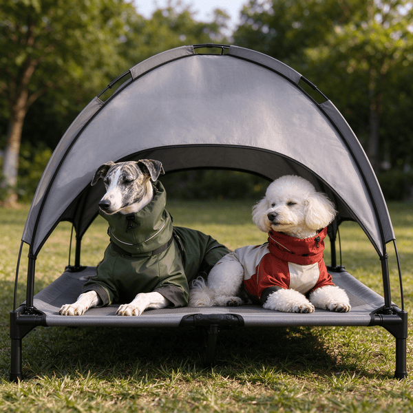 Elevated Dog Bed with Canopy, Outdoor Raised Dog Cot with Sun Shade and Breathable Mesh, Portable Cooling Metal Pet Bed