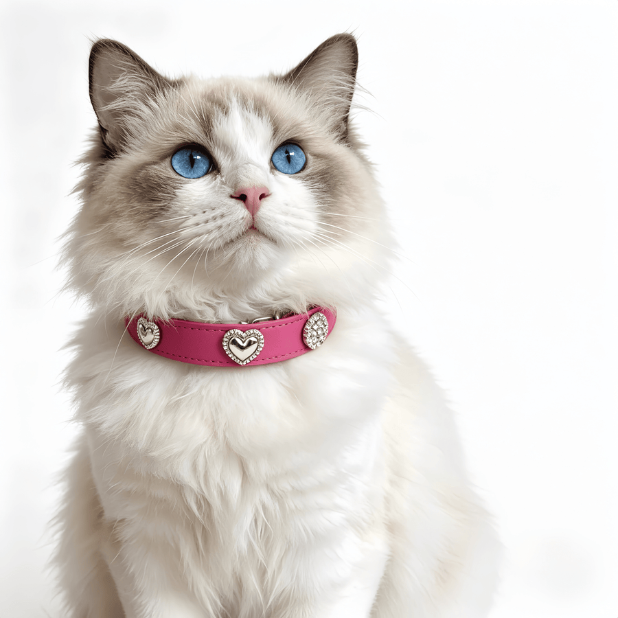 Heart Diamond Leather Cat Collar — Sparkly Decor, Adjustable, Safe For Daily Wear