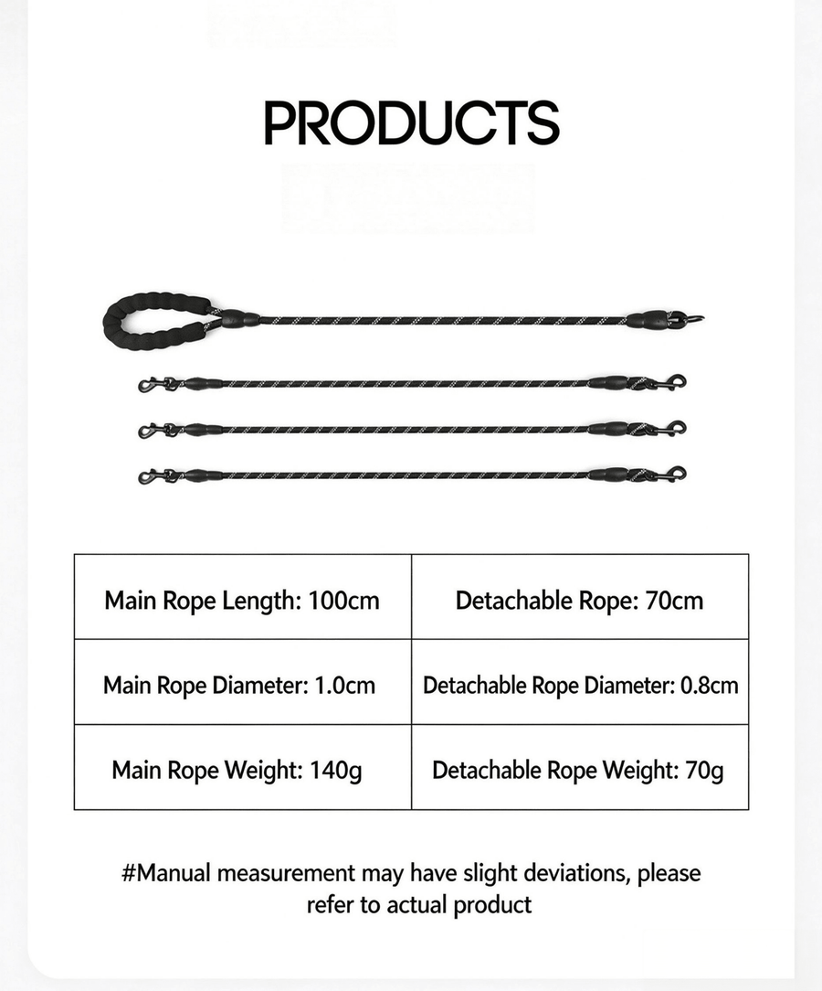No-Tangle 3 Way Dog Leash, Reflective Climbing Rope Triple Dog Leash with Padded Handle, Detachable Multi Dog Lead for Walking 3 Dogs