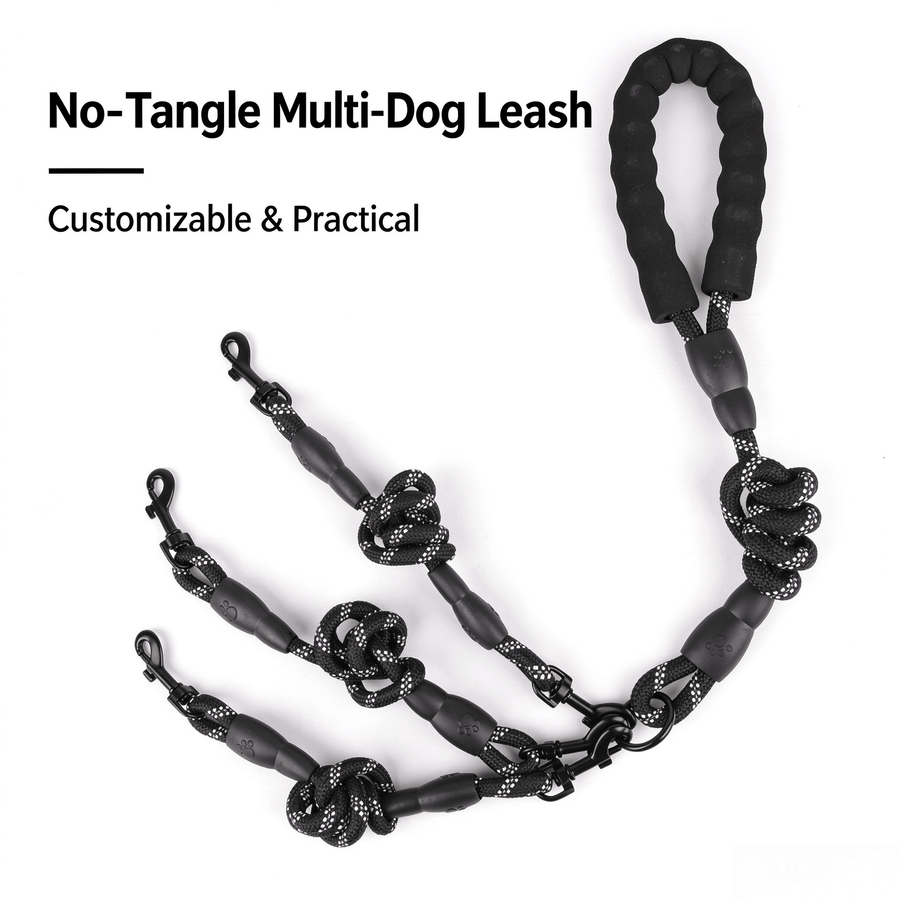 No-Tangle 3 Way Dog Leash, Reflective Climbing Rope Triple Dog Leash with Padded Handle, Detachable Multi Dog Lead for Walking 3 Dogs