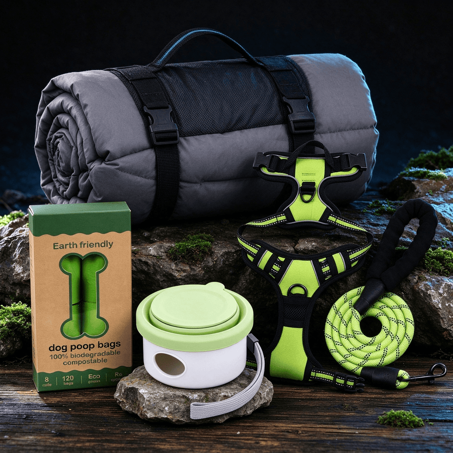 Pet Camping Bundle: Foldable Sleeping Mat, Reflective Harness, Travel Bowl & Poop Bags