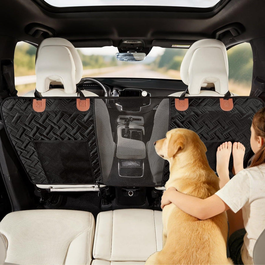 Pet Car Divider Net, Dog Seat Separator with Visible Mesh Window and Storage Pockets, Adjustable Straps for Front Seat Headrests, 130x58cm