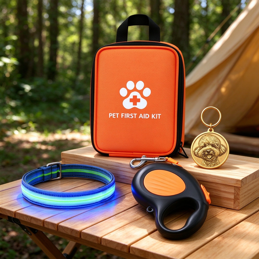 Pet Safety Bundle: LED Collar, Leash, 22-Piece First Aid Kit & ID Tag