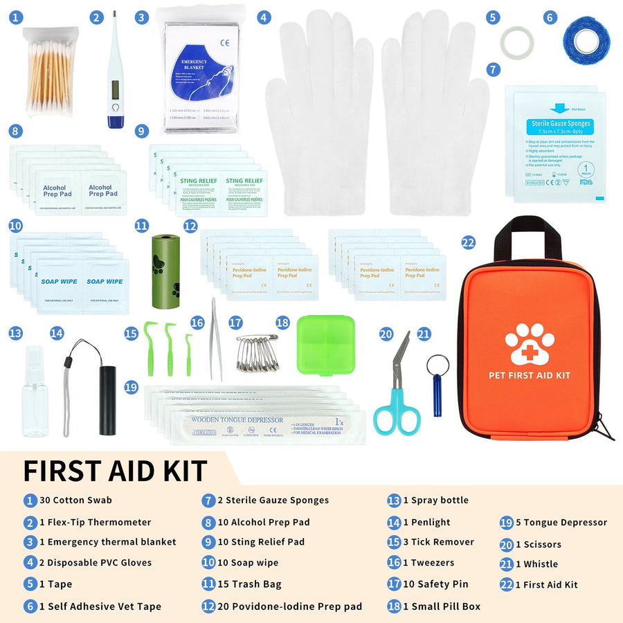 Pet Safety Bundle: LED Collar, Leash, 22-Piece First Aid Kit & ID Tag