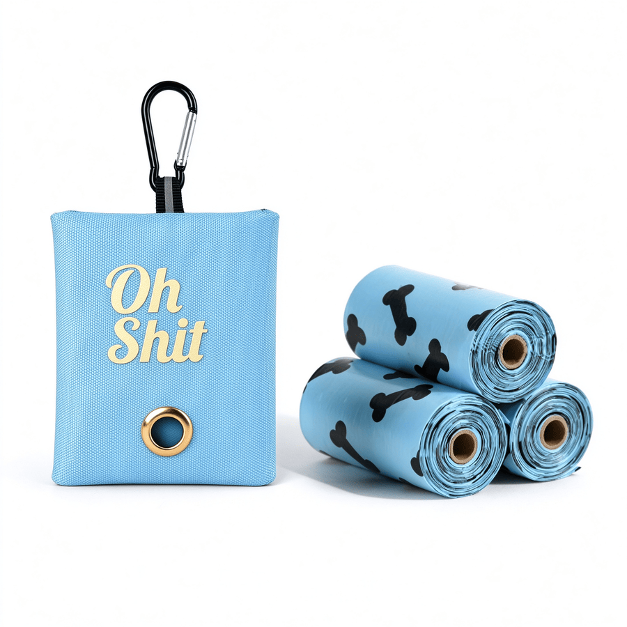OH SHIT Poop Bag Dispenser with 3 Rolls & Clip - Light Blue Paw Print