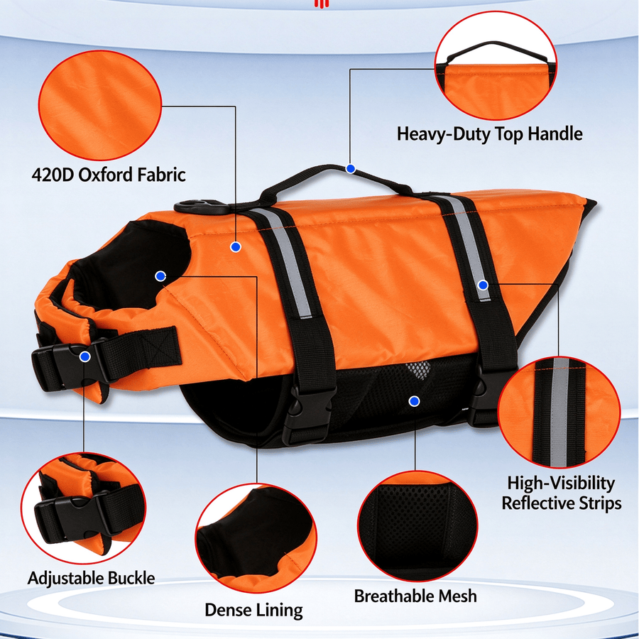Reflective Dog Life Jacket with Rescue Handle, 420D Oxford Vest for Boating